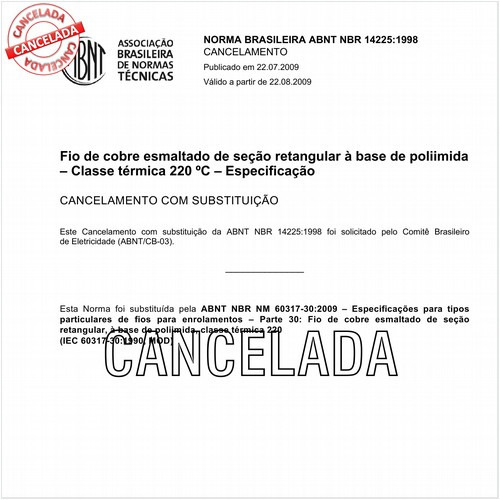 Fio de cobre esmaltado de seção retangular à base de poliimida - Classe térmica 220ºC - Especificação