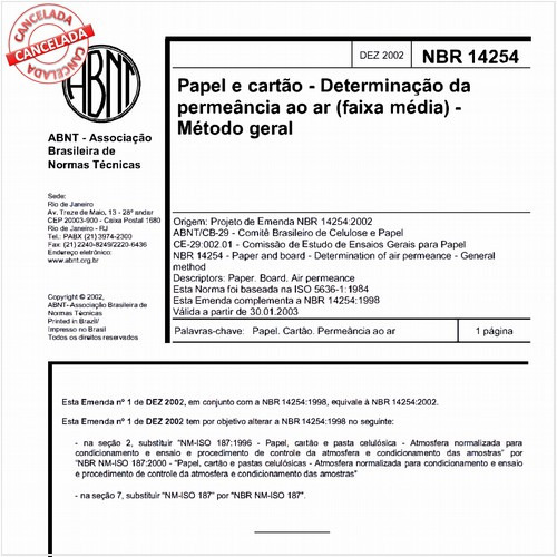 Papel e cartão - Determinação da permeância ao ar (faixa média) - Método geral