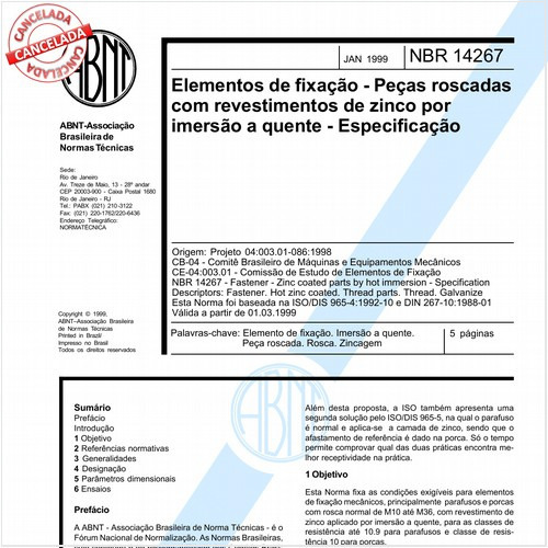 Elementos de fixação - Peças roscadas com revestimentos de zinco por imersão a quente - Especificação