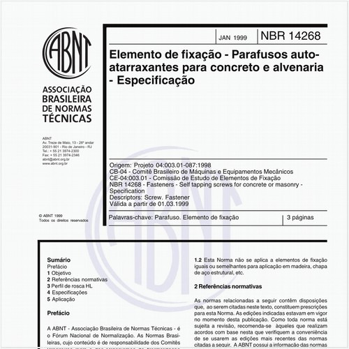 Elemento de fixação - Parafusos auto-atarraxantes para concreto e alvenaria - Especificação