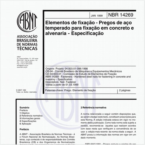 Elementos de fixação - Pregos de aço temperado para fixação em concreto e alvenaria - Especificação