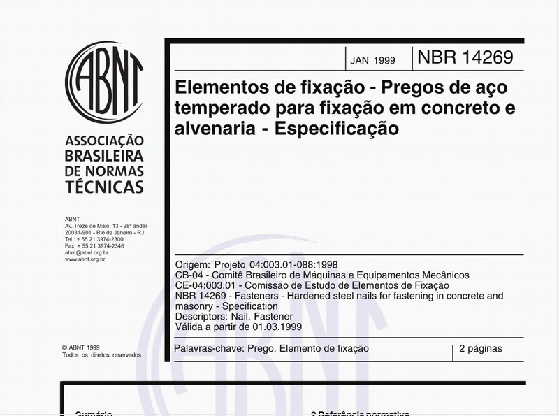 Elementos de fixação - Pregos de aço temperado para fixação em concreto e alvenaria - Especificação