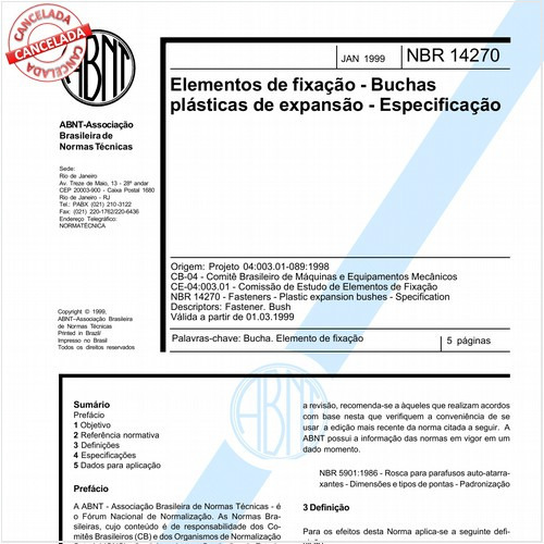 Elementos de fixação - Buchas plásticas de expansão - Especificação