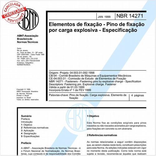 Elementos de fixação - Pino de fixação por carga explosiva - Especificação