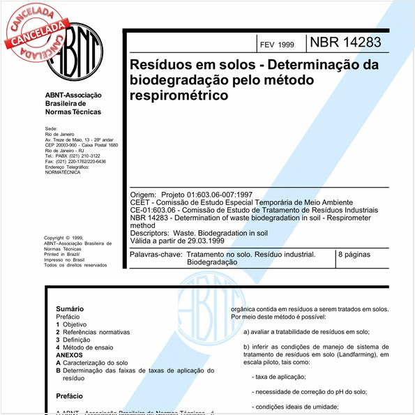 Resíduos em solos - Determinação da biodegradação pelo método respirométrico