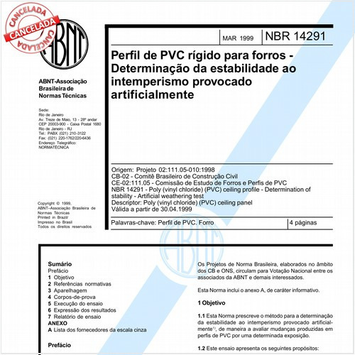 Perfil de PVC rígido para forros - Determinação da estabilidade ao intemperismo provocado artificialmente