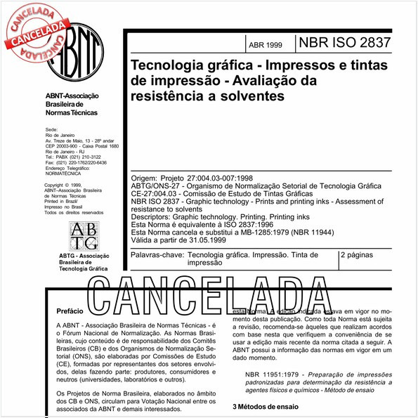Tecnologia gráfica - Impressos e tintas de impressão - Avaliação da resistência a solventes