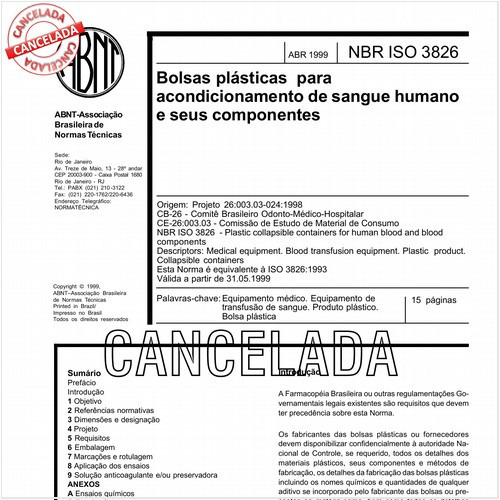 Bolsas plásticas para acondicionamento de sangue humano e seus componentes