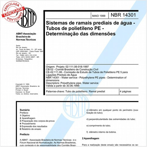 Sistemas de ramais prediais de água - Tubos de polietileno PE - Determinação das dimensões