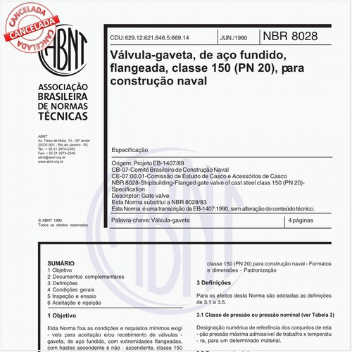 Válvula gaveta, de aço fundido, flangeada, classe 150 (PN 20), para construção naval
