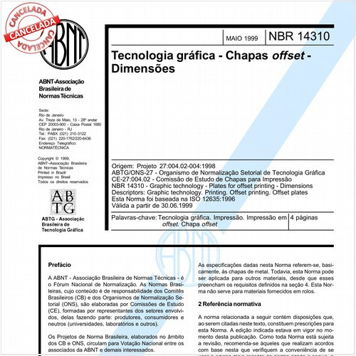 Tecnologia gráfica - Chapas offset - Dimensões