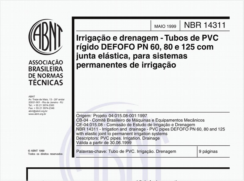 Irrigação e drenagem - Tubos de PVC rígido DEFOFO PN 60,80 e 125 com junta elástica, para sistemas permanentes de irrigação