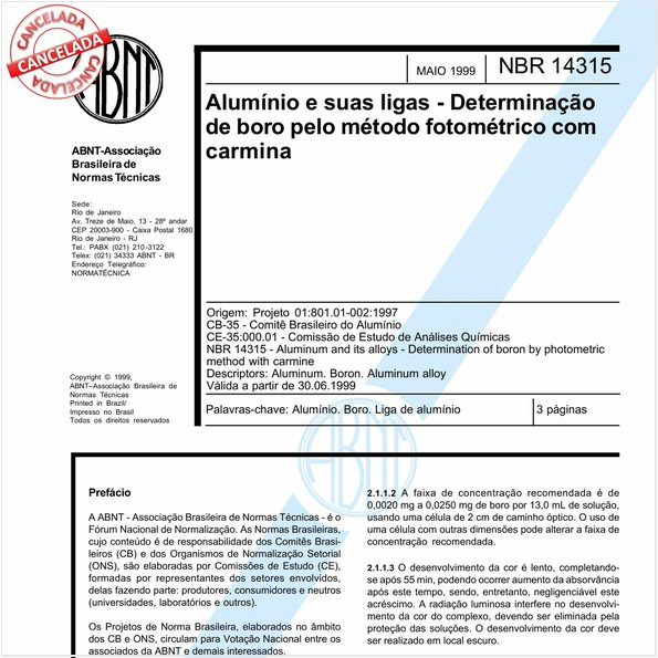 Alumínio e suas ligas - Determinação de boro pelo método fotométrico com carmina 