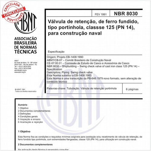 Válvula de retenção, de ferro fundido, tipo portinhola, classe 125 (PN 14), para construção naval