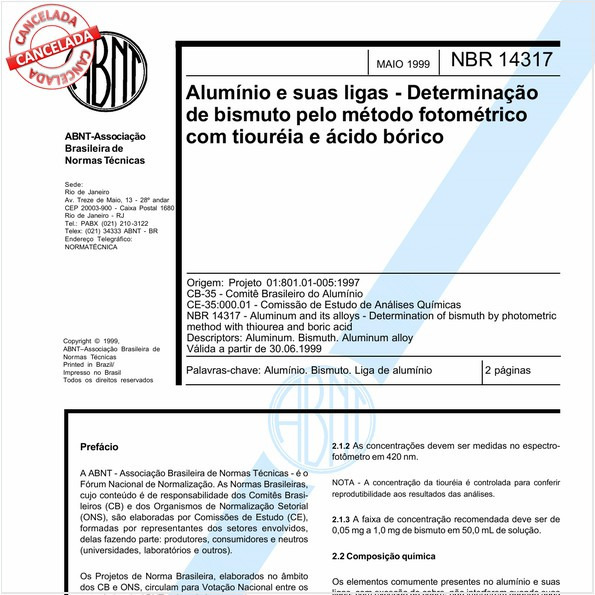 Alumínio e suas ligas - Determinação de bismuto pelo método fotométrico com tiouréia e ácido bórico 