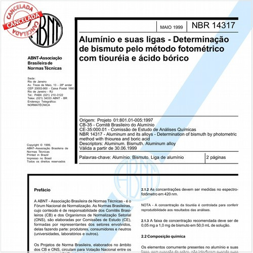 Alumínio e suas ligas - Determinação de bismuto pelo método fotométrico com tiouréia e ácido bórico 