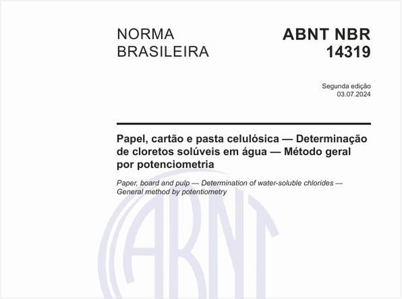 Papel, cartão e pasta celulósica — Determinação de cloretos solúveis em água — Método geral por potenciometria