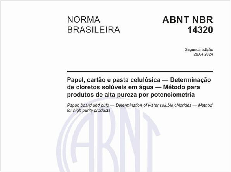 Papel, cartão e pasta celulósica — Determinação de cloretos solúveis em água — Método para produtos de alta pureza por potenciometria