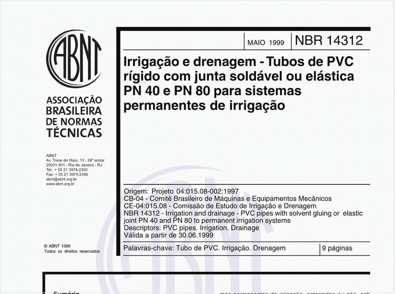 Irrigação e drenagem - Tubos de PVC rígido com junta soldável ou elástica PN 40 e PN 80 para sistemas permanentes de irrigação