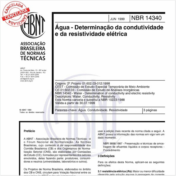 Agua - Determinação da condutividade e da resistividade elétrica