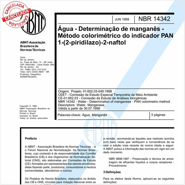 água - Determinação de manganês - Método colorimétrico do indicador PAN 1-(2-piridilazo)-2-naftol