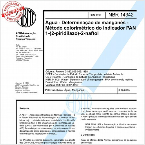 água - Determinação de manganês - Método colorimétrico do indicador PAN 1-(2-piridilazo)-2-naftol