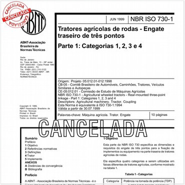 ABNT NBR ISO 730-1 NBRISO730-1 Tratores agrícolas de rodas - Engate