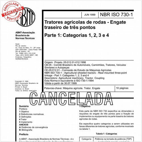 Tratores agrícolas de rodas - Engate traseiro de três pontos - Parte 1: Categorias 1, 2, 3 e 4