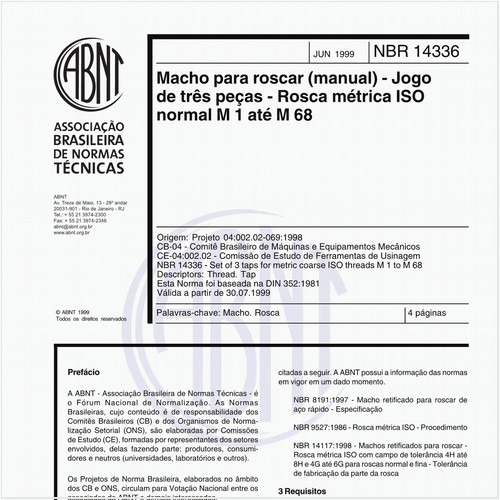 Macho para roscar (manual) - Jogo de três peças - Rosca métrica ISO normal M 1 até M 68