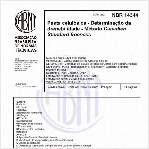 Pasta celulósica - Determinação da drenabilidade - Método Canadian Standard freeness