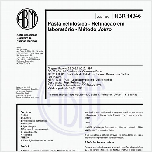 Pasta celulósica - Refinação em laboratório - Método Jokro