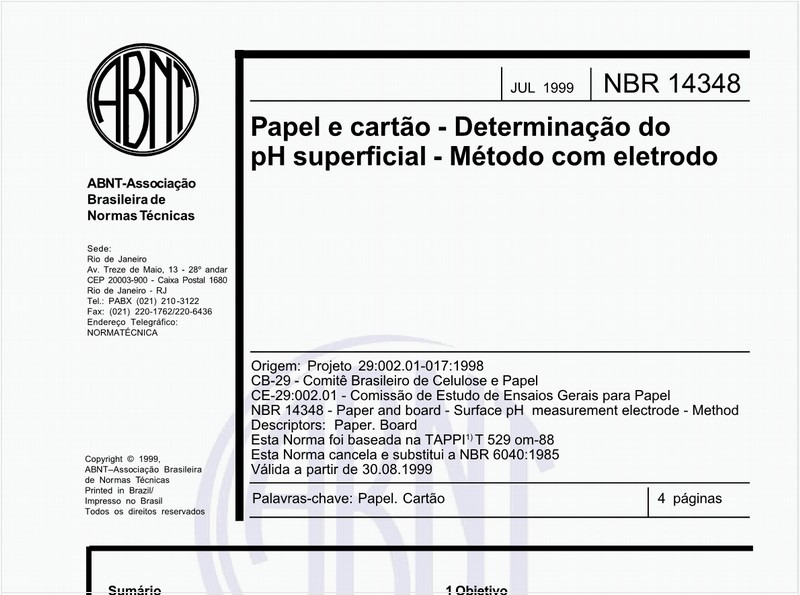 Papel e cartão - Determinação do pH superficial - Método com eletrodo