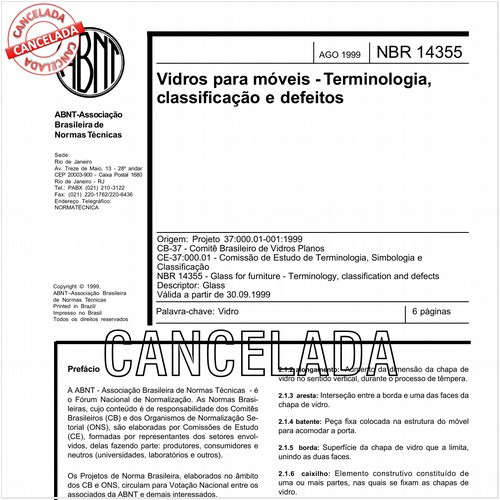 Vidros para móveis - Terminologia, classificação e defeitos