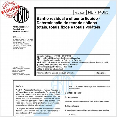 Banho residual e efluente líquido - Determinação do teor de sólidos totais, totais fixos e totais voláteis