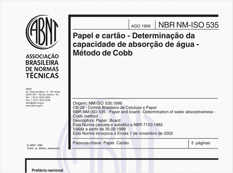 Papel e cartão - Determinação da capacidade de absorção de água - Método de Cobb