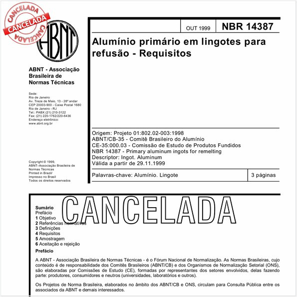 Alumínio primário em lingotes para refusão - Requisitos