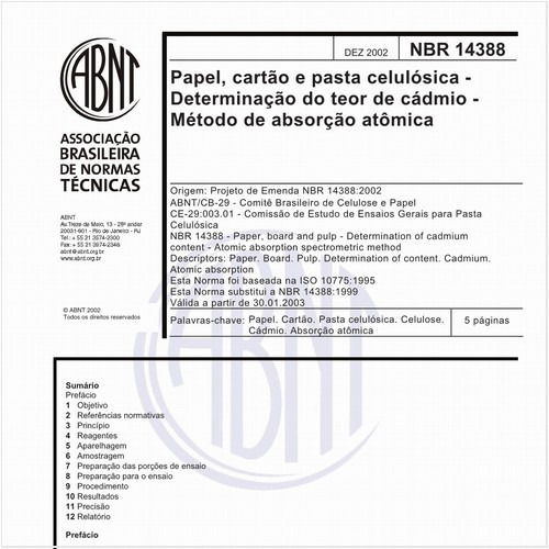 Papel, cartão e pasta celulósica - Determinação do teor de cádmio - Método de absorção atômica