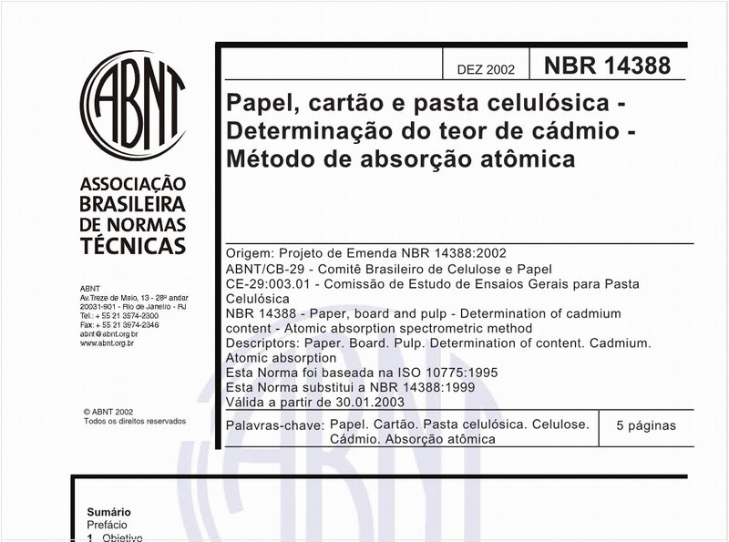 Papel, cartão e pasta celulósica - Determinação do teor de cádmio - Método de absorção atômica