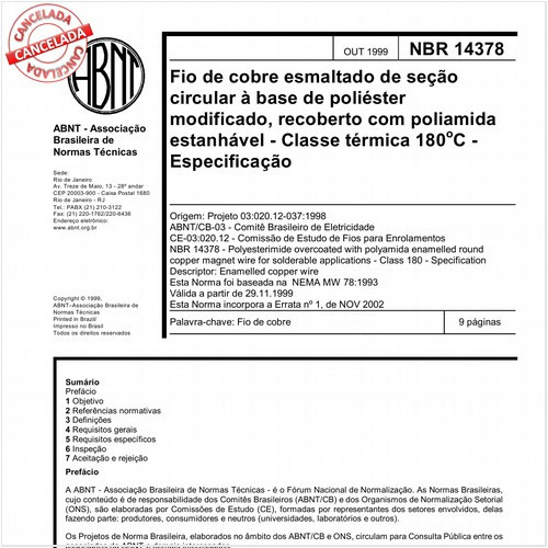 Fio de cobre esmaltado de seção circular à base de poliéster modificado, recoberto com poliamida estanhável - Classe térmica 180ºC - Especificação