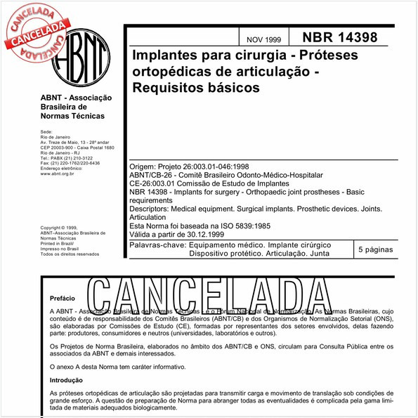 Implantes para cirurgia - Próteses ortopédicas de articulação - Requisitos básicos