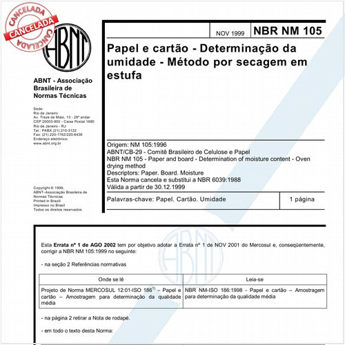 Papel e cartão - Determinação da umidade - Método por secagem em estufa 