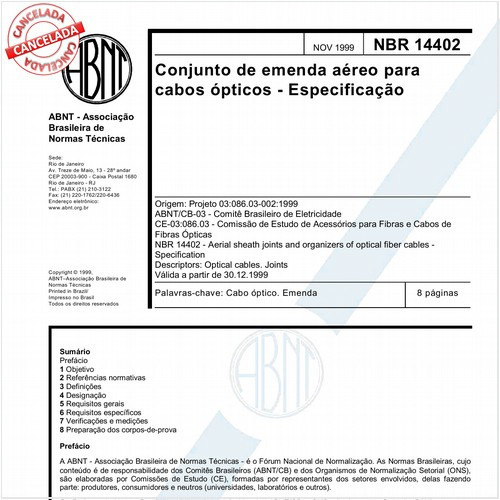 Conjunto de emenda aéreo para cabos ópticos - Especificação