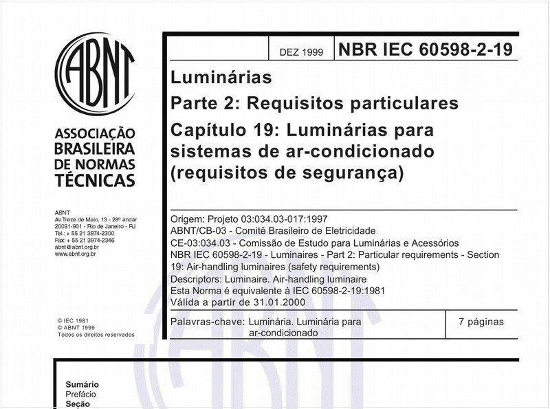 Luminárias - Parte 2: Requisitos Particulares - Capítulo 19: Luminárias para sistemas de ar-condicionado (requisitos de segurança)