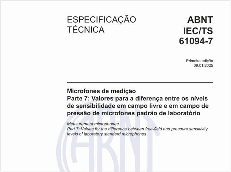 Microfones de medição - Parte 7: Valores para a diferença entre os níveis de sensibilidade em campo livre e em campo de pressão de microfones padrão de laboratório