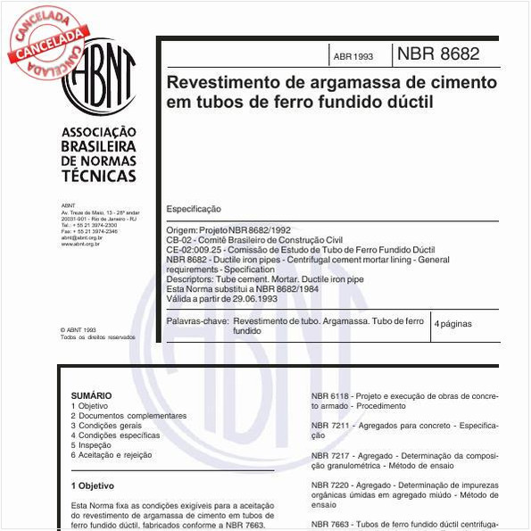 Revestimento de argamassa de cimento em tubos de ferro fundido dúctil - Especificação