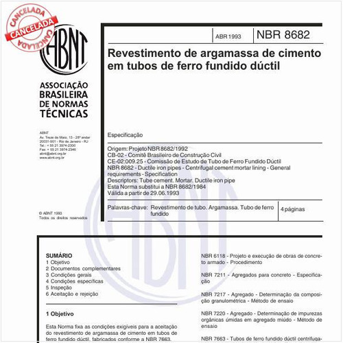 Revestimento de argamassa de cimento em tubos de ferro fundido dúctil - Especificação