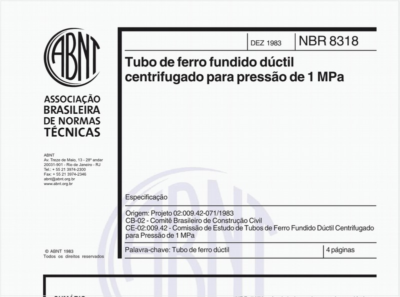 Tubo de ferro fundido dúctil centrifugado para pressão de 1 MPa - Especificação