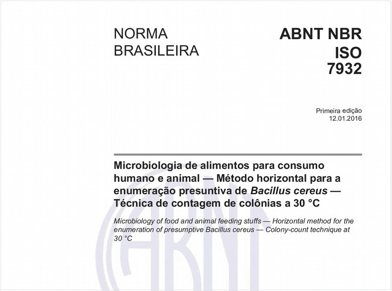 Microbiologia de alimentos para consumo humano e animal — Método horizontal para a enumeração presuntiva de Bacillus cereus — Técnica de contagem de colônias a 30 °C