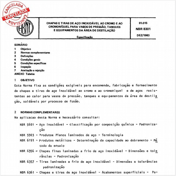 Chapas e tiras de aço inoxidável ao cromo e ao cromo-níquel para vasos de pressão, tanques e equipamentos da área de destilação