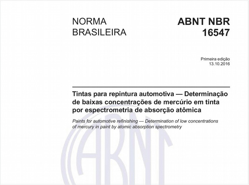 Tintas para repintura automotiva — Determinação de baixas concentrações de mercúrio em tinta por espectrometria de absorção atômica